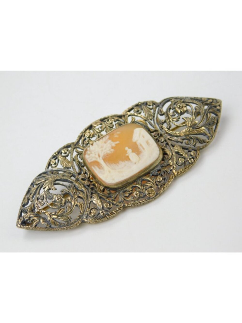 Antique 14k Gold 3.25" Filigree Floral Carved Shell Landscape Cameo Brooch Pin - Picture 2 of 16